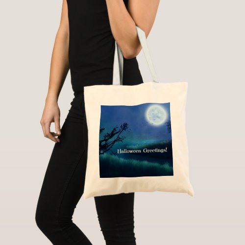 Halloween Moon at Night in Shades of Blue  Green Tote Bag