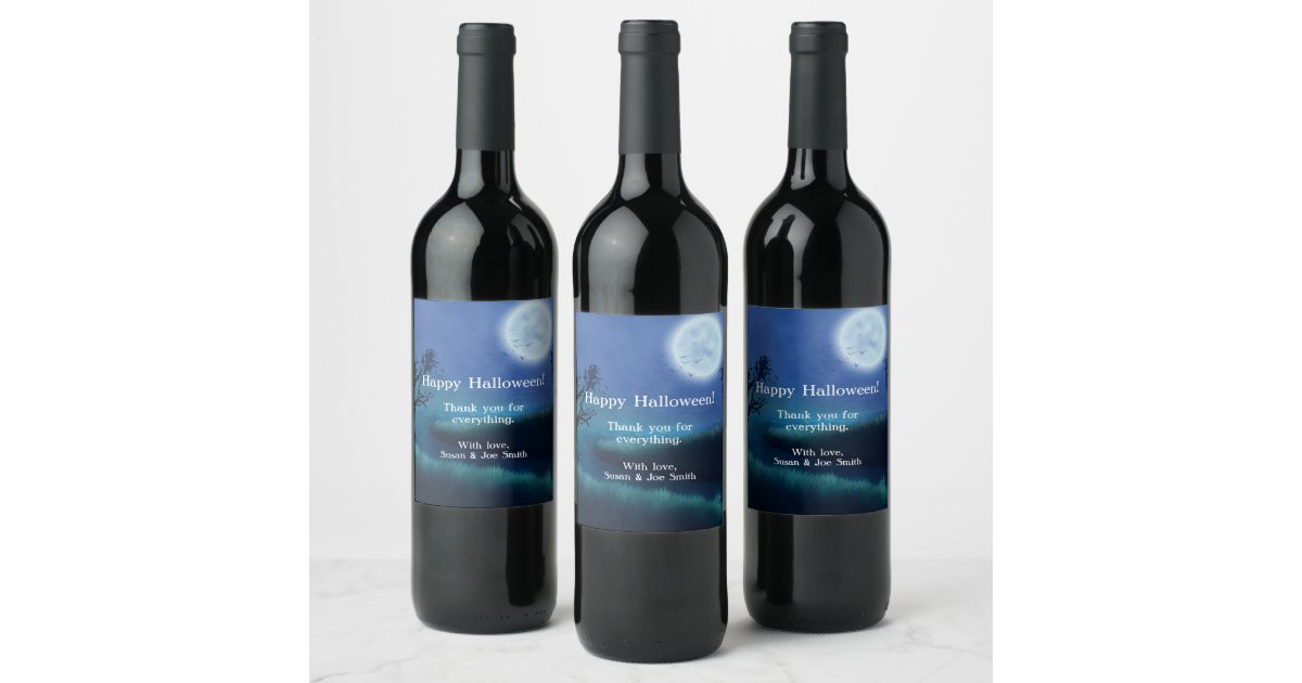 Halloween Moon at Night in Shades of Blue & Green Wine Label | Zazzle