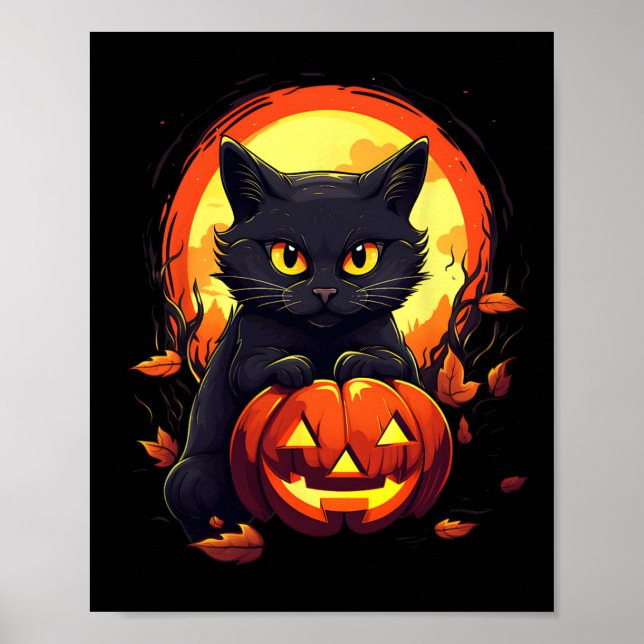 Halloween Moon Black Cat and Pumpkin For Men Women Poster (Front)