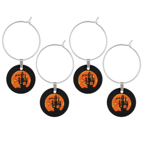 Halloween Moon Haunted House Wine Glass Charm