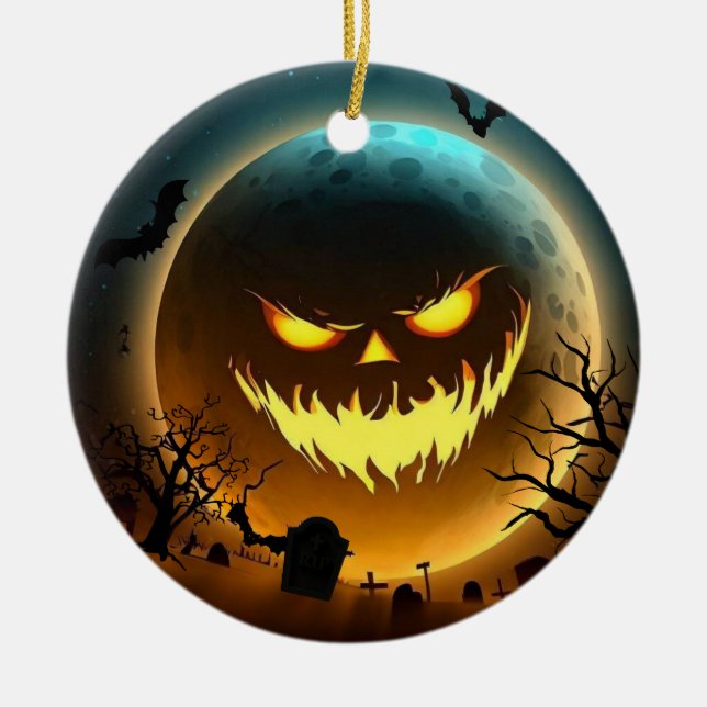 Halloween/moon/pumpkin  ceramic ornament (Front)