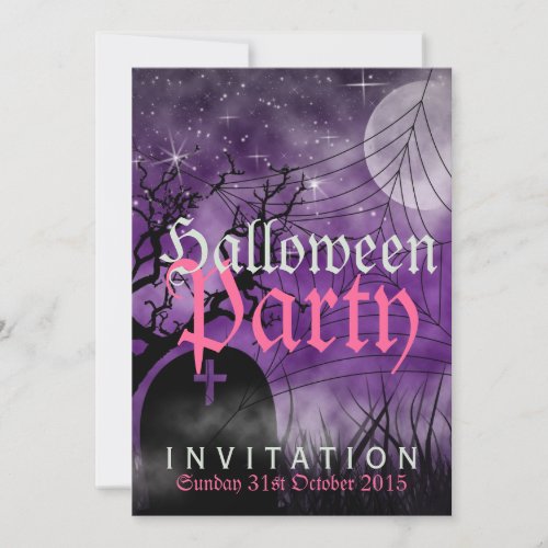 Halloween Moon &amp; Spider Web Purple Invitation