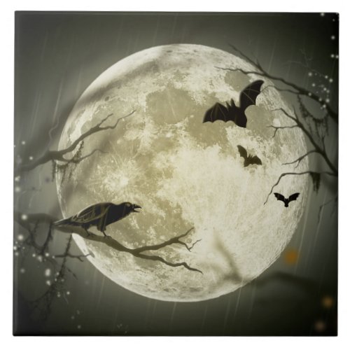 Halloween Moon Spooky Crows Ceramic Tile