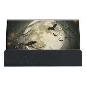 Halloween Moon Spooky Crows Desk Business Card Holder | Zazzle