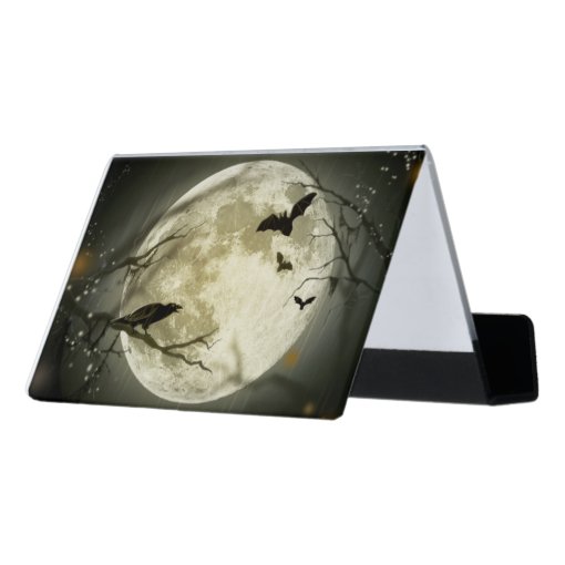 Halloween Moon Spooky Crows Desk Business Card Holder | Zazzle