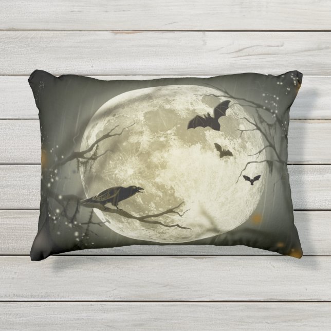 Halloween Moon Spooky Crows Outdoor Pillow (Front)
