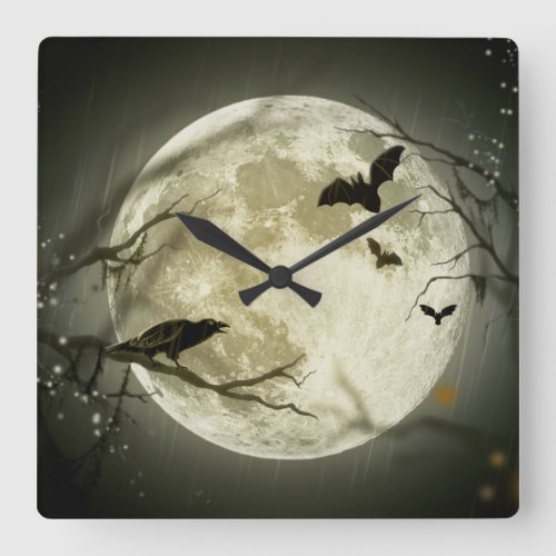 Halloween Moon Spooky Crows Square Wall Clock