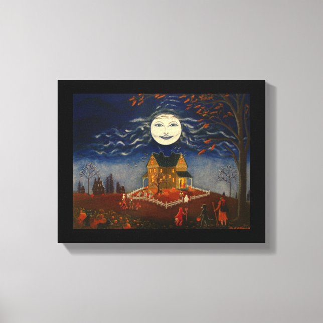 Halloween Moon Trick or Treat Devil Black Cat Canvas Print (Front)