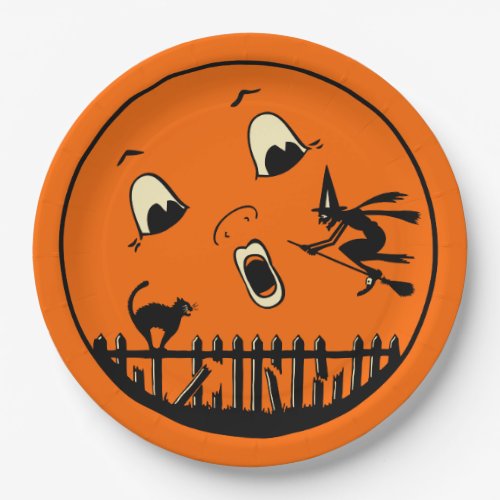 Halloween Moon Vintage Design _ Black Cat  Witch Paper Plates