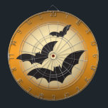Halloween moon with bats dartboard<br><div class="desc">This dart board has a dark orange background with the moon in the center and three bats flying in front of the moon.</div>