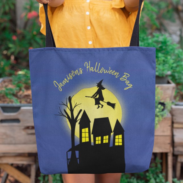 Halloween Moonlight Flying Witch Spooky Design Tote Bag (Spooky Halloween flying witch moonlight tote bag with classic trick-or-treat design.)