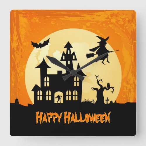 Halloween Moonlight Haunted House in Graveyard Square Wall Clock