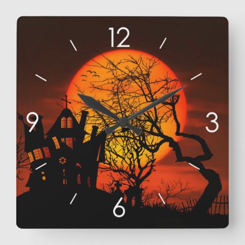 Halloween Moonlight Haunted House Square Wall Clock