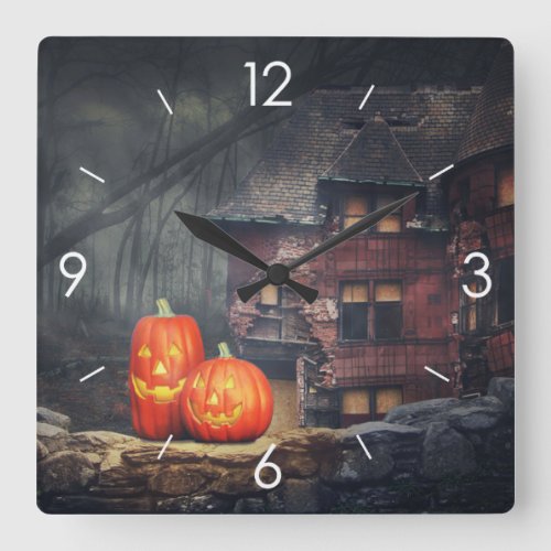 Halloween Moonlight Haunted House Square Wall Clock
