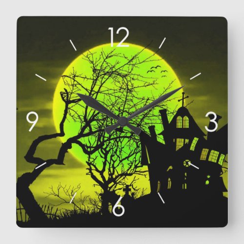 Halloween Moonlight Haunted House Square Wall Clock