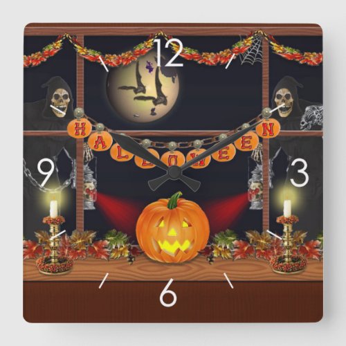 Halloween Moonlight Haunted House Square Wall Clock