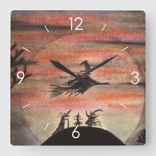 Halloween Moonlight Haunted House Witch Square Wall Clock