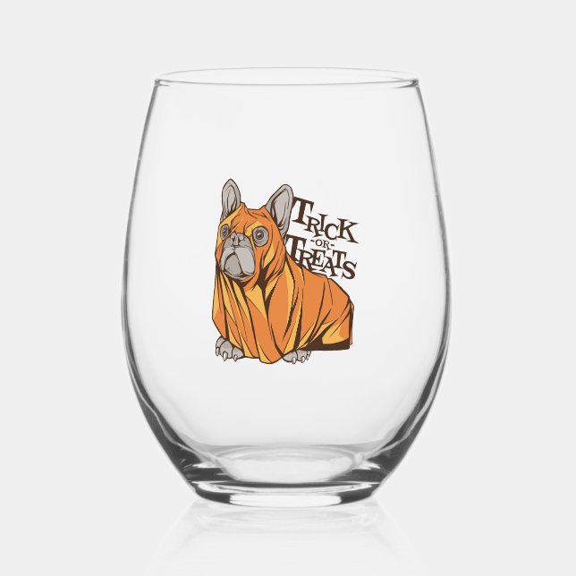 Halloween mops stemless wine glass (Front)