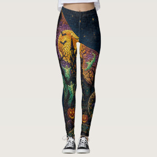 Halloween Mosaic Haunted Castle Black Cat Leggings
