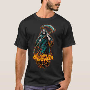 Halloween Motif Black Death With Scythe T-Shirt