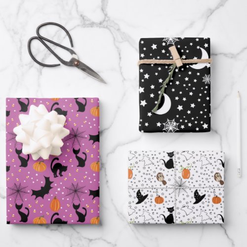 Halloween Motifs Black Purple Orange  Wrapping Paper Sheets