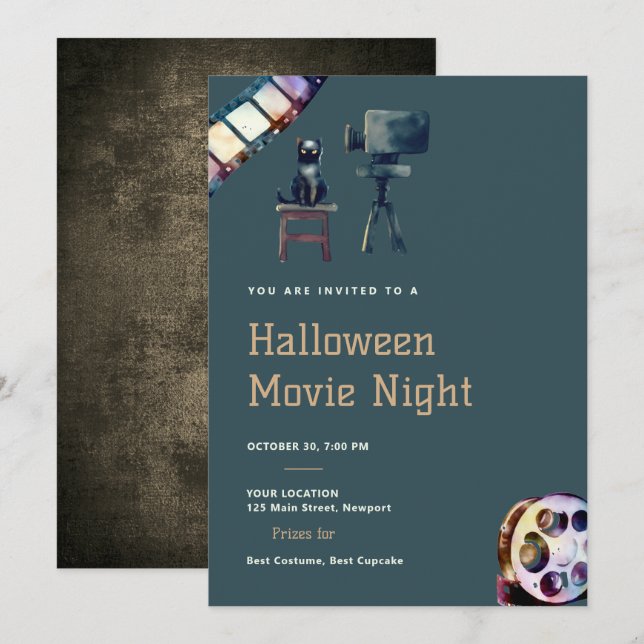 Halloween Movie Night Black Cat Projector Fun Dark Invitation (Front/Back)