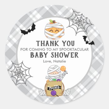 Halloween Mummy Baby Shower Thank You Classic Round Sticker by TiffsSweetDesigns at Zazzle