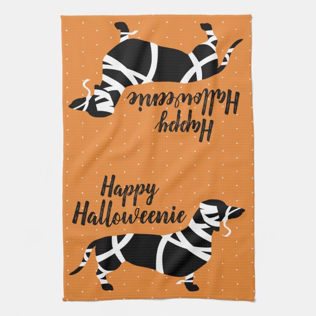 Halloween Mummy Dachshund Happy Halloweenie Kitchen Towel (Vertical)