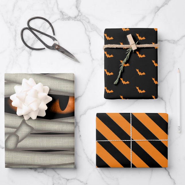 Halloween Mummy Eyes/Bats/Stripes Orange ID685 Wrapping Paper Sheets (Front)