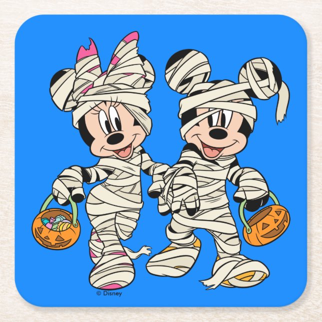 Halloween Mummy Mickey & Minnie Square Paper Coaster (Front)
