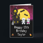 Halloween Mummy Pink Happy Birthday Card<br><div class="desc">This fun and spooky birthday card can be personalized with a name or title, such as daughter, granddaughter, niece, friend etc. It features cute mummies beside a crooked haunted house. In the background is a full moon with bats and a pink night sky with stars. The text combines decorative and...</div>