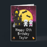 Halloween Mummy Pink Happy Birthday Card<br><div class="desc">This fun and spooky birthday card can be personalized with a name or title, such as daughter, granddaughter, niece, friend etc. It features cute mummies beside a crooked haunted house. In the background is a full moon with bats and a pink night sky with stars. The text combines decorative and...</div>