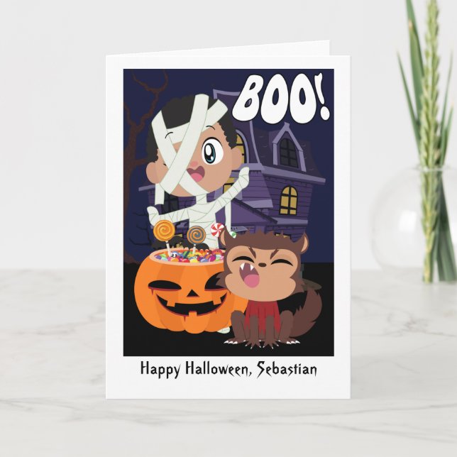 Halloween Mummy, Pumpkin and Werewolf Personalized Card (Front)
