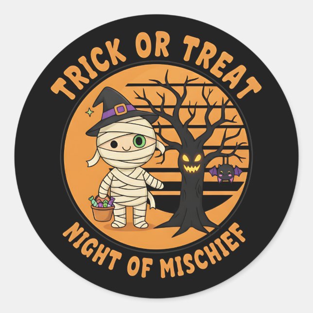 Halloween Mummy Sticker with Candy and Fun (Front)