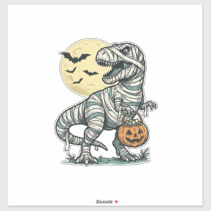Halloween Mummy T-Rex Candy Bucket Vintage Vector_ Sticker