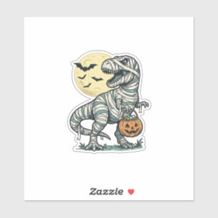 Halloween Mummy T-Rex Candy Bucket Vintage Vector_ Sticker