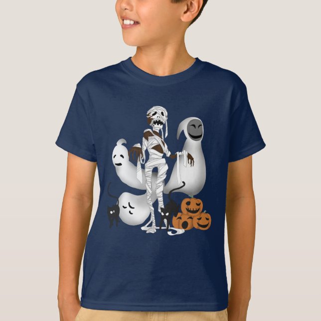 Halloween Mummy with Kitty Cats and Ghost Boy  T-Shirt (Front)