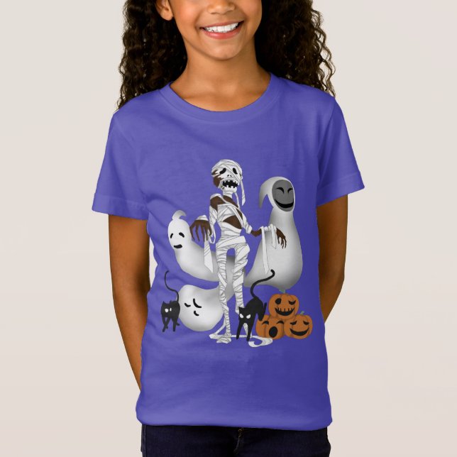 Halloween Mummy with Kitty Cats and Ghost Girl  T-Shirt (Front)