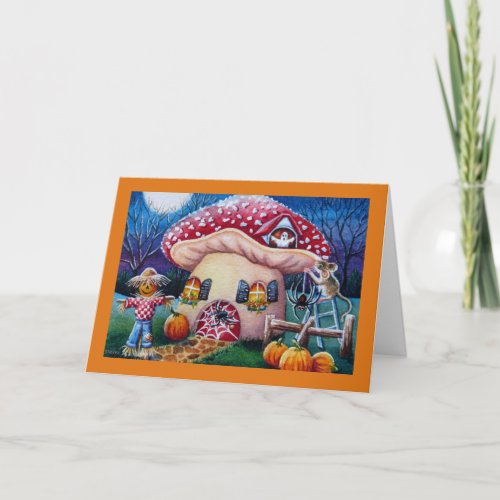 Halloween Mushroom Mouse House Spiders Watercolor  Card