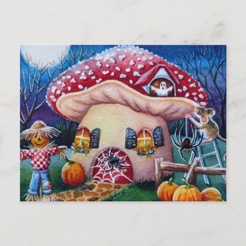 Halloween Mushroom Mouse House Spiders Watercolor Postcard