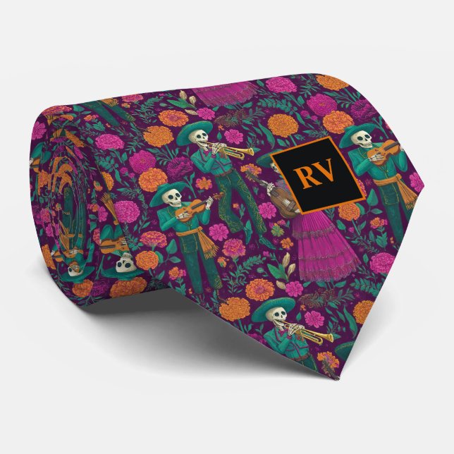 Halloween Musical Skeletons with Flowers Neck Tie (Rolled)