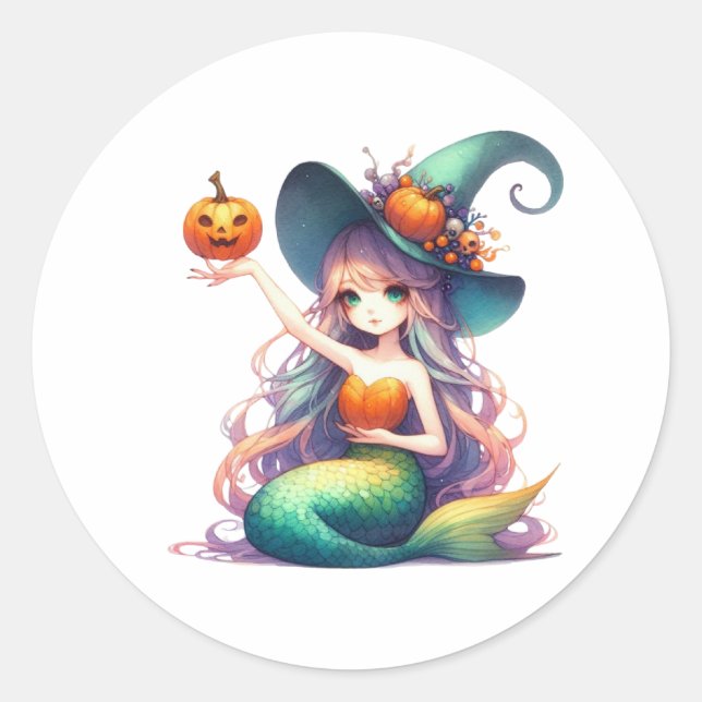 Halloween Mystical Mermaid Girl Classic Round Sticker (Front)