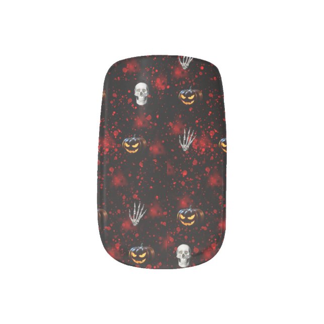 Halloween Nails Black Red Skull Pumpkin Design Minx Nail Art (Left Thumb)