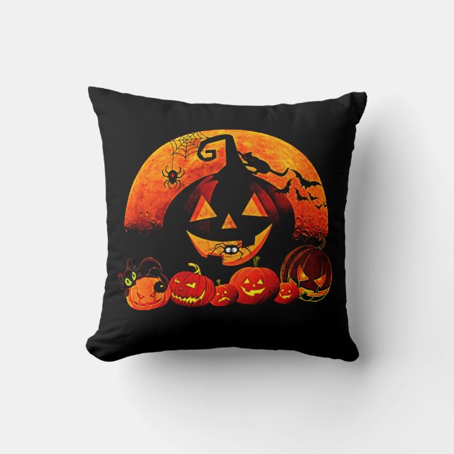 Halloween Name Year 20xx Glow Pumpkin Cat Web Throw Pillow (Front)
