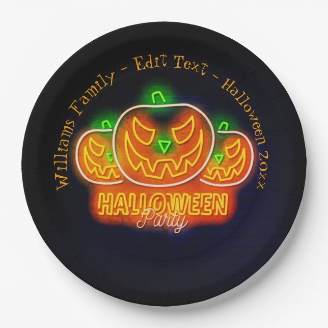 Halloween Name Year 20xx Neon Glow Look Pumpkin 9" Paper Plates (Front)
