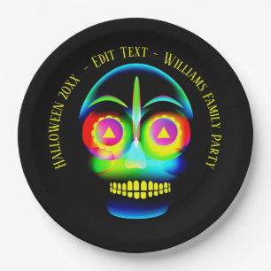 Halloween Name Year Neon Look Glow Blue Skull 9" Paper Plates