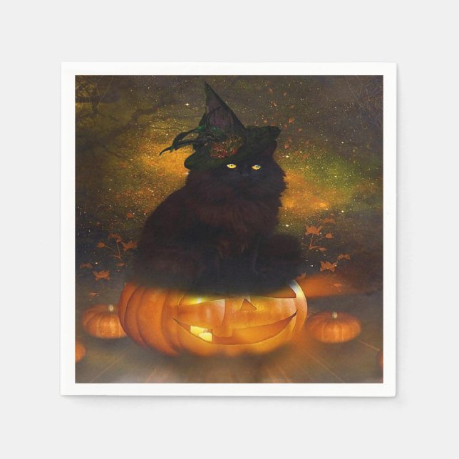Halloween Napkin/Black Cat sitting on pumpkin Paper Napkins (Front)