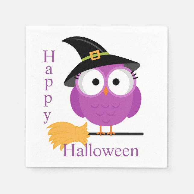 Halloween Napkin/Owl with Witch's Hat and Broom Napkins (Front)