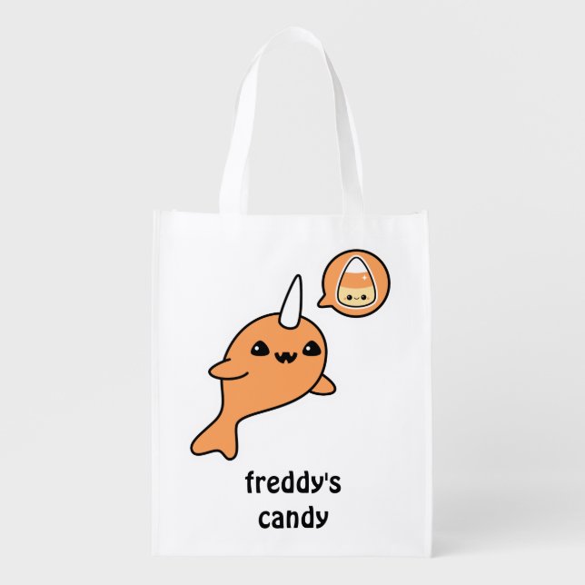 Halloween Narwhal Trick or Treat Reusable Grocery Bag (Front)
