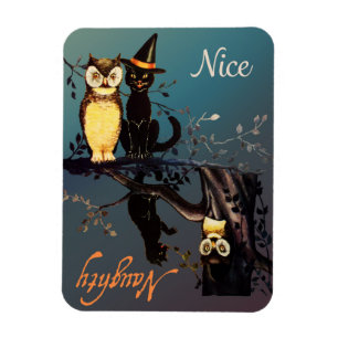 Halloween Naughty or Nice Magnet Cat and Owl